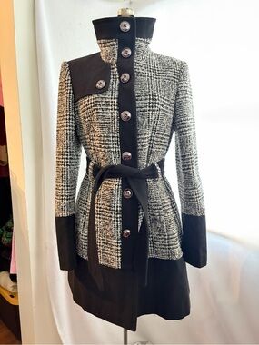 Black Rivet y2k funnel neck houndstooth belted coat